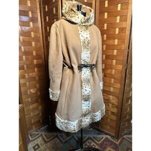 Vintage Camel Wool Hooded Cape Faux Fur Trim Tie Waist